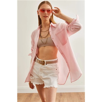 Olalook, Kadın Şeker Pembe Oversize Basic Müslin Gömlek GML-19001217