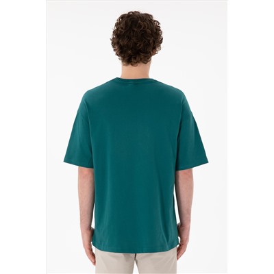 Erkek Oversize Fit Bisiklet Yaka Koyu Yeşil Tişört