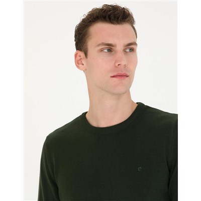 Koyu Yeşil Slim Fit Bisiklet Yaka Basic Triko Kazak