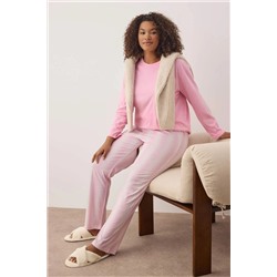 Pembe %100 Pamuklu Çizgili Örme Büyük Beden Pijama Takımı TBBAW26AI00014