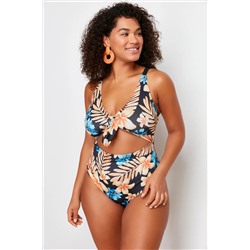 Trendyol Curve Mavi Derin V Cut Out Bağlama Detaylı Floral Desenli Büyük Beden Mayo TBBSS23AM00008