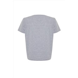 Gri Melanj Slogan Baskılı Boyfriend %100 Pamuk Örme Büyük Beden T-shirt TBBSS24BF00036
