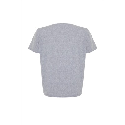 Gri Melanj Slogan Baskılı Boyfriend %100 Pamuk Örme Büyük Beden T-shirt TBBSS24BF00036