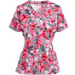 White Cross Scrubs Coral Bloom Print Top