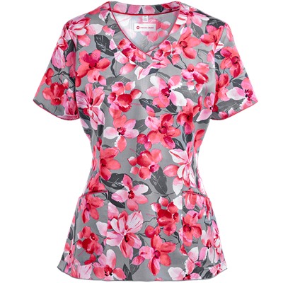 White Cross Scrubs Coral Bloom Print Top