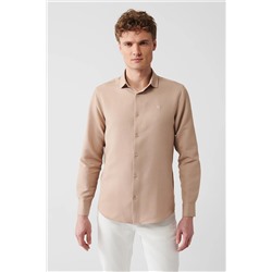 Avva Erkek Bej Kolay Ütülenebilir Klasik Yaka Gofreli Pamuklu Slim Fit Dar Kesim Gömlek E002030