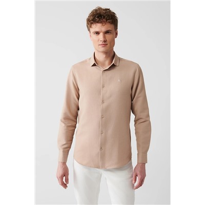 Avva Erkek Bej Kolay Ütülenebilir Klasik Yaka Gofreli Pamuklu Slim Fit Dar Kesim Gömlek E002030