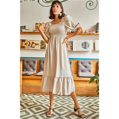 Olalook, Kadın Taş Üstü Gipeli Kare Yaka Bodrum Elbise ELB-19001557