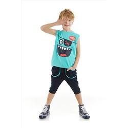 Denokids Ahoy Erkek Çocuk Mavi Kolsuz T-shirt Lacivert Kapri Şort Takım CFF-23Y1-055