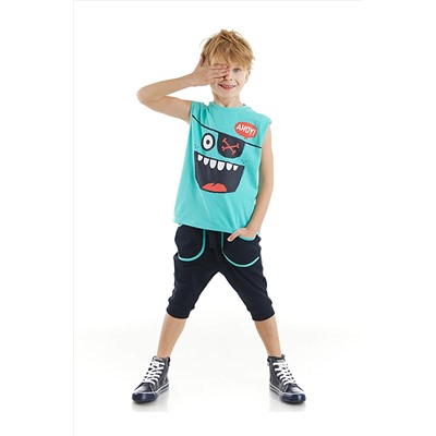 Denokids Ahoy Erkek Çocuk Mavi Kolsuz T-shirt Lacivert Kapri Şort Takım CFF-23Y1-055