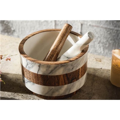 Ступка для специй, 15 см, с пестиком, фарфор P, серо-коричневая, мрамор, Wood&Marble, 63065