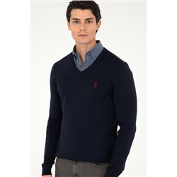 Erkek Slim Fit V Yaka Lacivert Basic Kazak