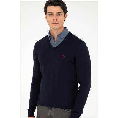 Erkek Slim Fit V Yaka Lacivert Basic Kazak
