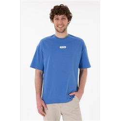 Erkek Oversize Fit Bisiklet Yaka İndigo Tişört