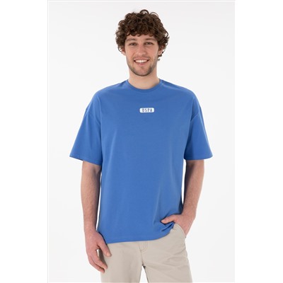 Erkek Oversize Fit Bisiklet Yaka İndigo Tişört