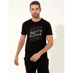 Siyah Slim Fit Baskılı Bisiklet Yaka Tişört
