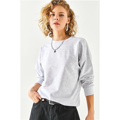 Olalook Kadın Gri Melanj Basic Yumuşak Dokulu Salaş Sweatshirt SWT-19000457