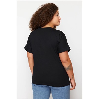 Siyah Brode Detaylı Basic %100 Pamuk Örme T-shirt TBBSS24BF00055