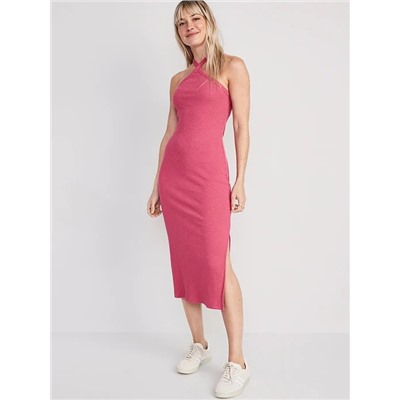 Fitted Rib-Knit Halter Midi Dress for Women