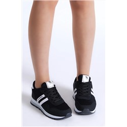 Tonny Black Unisex Siyah Beyaz Nefes Alabilen Kumaş Şeritli Bağcıklı Spor Ayakkabı TBPS010