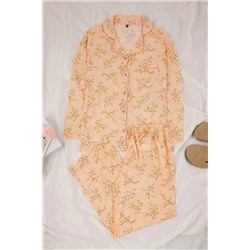 Turuncu Çiçek Desenli Biyeli Gömlek Yaka Dokulu Örme Pijama Takımı TBBAW26AI00039