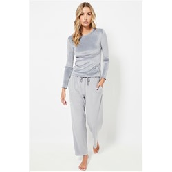 Pantalón recto de pijama de terciopelo cintura alta - Gris claro