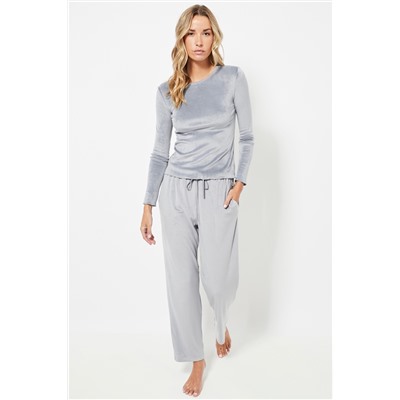 Pantalón recto de pijama de terciopelo cintura alta - Gris claro