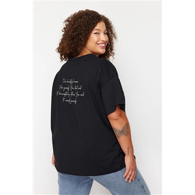 Siyah Bisiklet Yaka Baskılı %100 Pamuk Örme T-Shirt TBBSS23BF00024