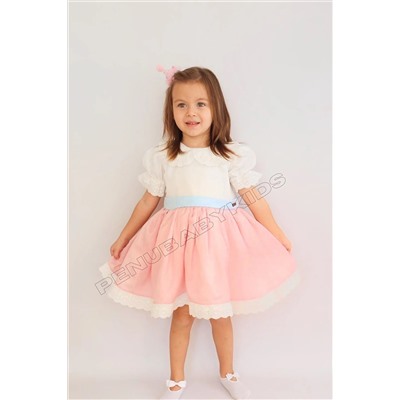 penu baby kids Pembe Mavi Fiyonklu Kısa Kol Elbise Kız Bebek Elbise - Candy candy