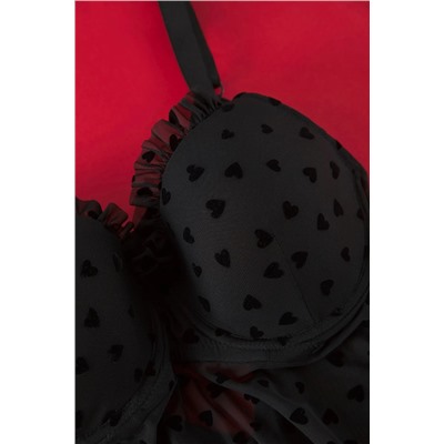Siyah Sabit Kaplı Ayarlanabilir Askılı Flok Kalp Desenli Büyük Beden Babydoll TBBSS25DH00000