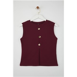 Bordo Aksesuar Düğmeli Bisiklet Yaka Regular Boy Yelek Örme Bluz TBBSS25AF00121
