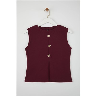 Bordo Aksesuar Düğmeli Bisiklet Yaka Regular Boy Yelek Örme Bluz TBBSS25AF00121
