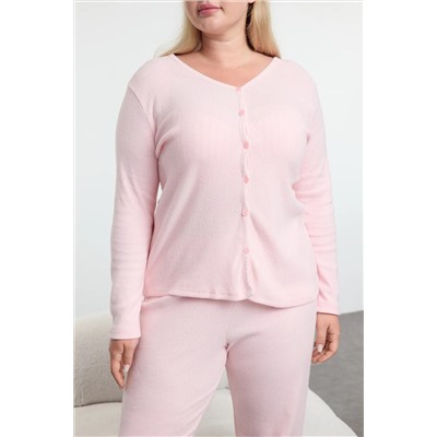 Pembe Fırçalı Soft Fitilli Hırkalı Örme Pijama Takımı TBBAW25AI00089
