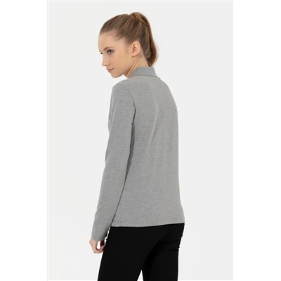 Kadın Gri Melanj Basic Polo Yaka Sweatshirt