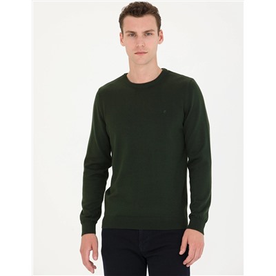 Koyu Yeşil Slim Fit Bisiklet Yaka Basic Triko Kazak