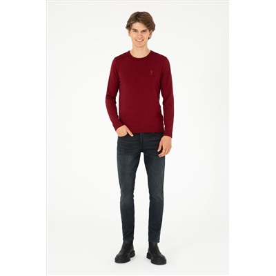 Erkek Slim Fit Bisiklet Yaka Bordo Basic Kazak
