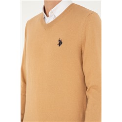 Erkek Slim Fit V Yaka Camel Melanj Basic Kazak