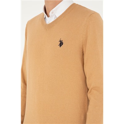 Erkek Slim Fit V Yaka Camel Melanj Basic Kazak