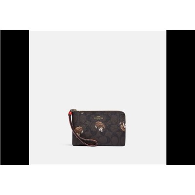Corner Zip Wristlet In Signature Canvas With Hedgehog Print