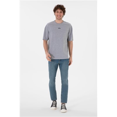 Erkek Comfort Fit Bisiklet Yaka Gri Melanj Tişört