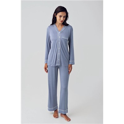 Artış Düğmeli Uzun Kollu Esnek Viskon Pijama Takımı 15201