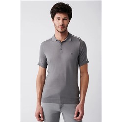 Avva Erkek Gri Polo Yaka Omuzu Çizgi Detaylı Ribanalı Standart Fit Normal Kesim Triko T-shirt A31y5105 A31Y5105