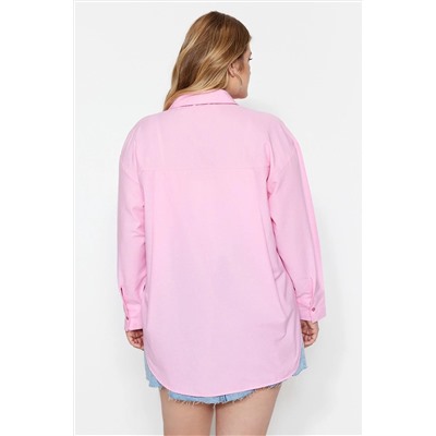 Pudra Loose Fit Pamuklu Uzun Kol Büyük Beden Dokuma Gömlek TBBSS22GO0323