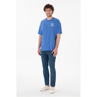 Erkek Oversize Fit Bisiklet Yaka İndigo Tişört
