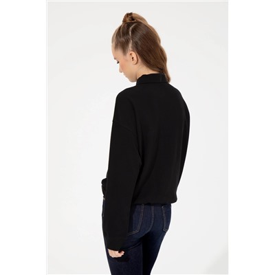 Kadın Siyah Polo Yaka Sweatshirt