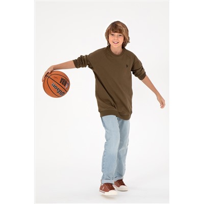 Erkek Çocuk Haki Basic Bisiklet Yaka Sweatshirt