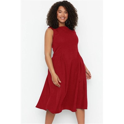 Bordo  A-Line Dokuma Cep Detaylı Elbise TBBSS22EL1598