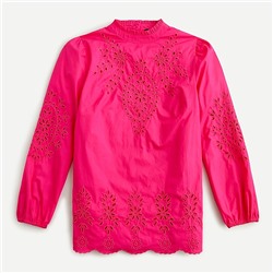 Mockneck cotton poplin top with embroidered eyelet
