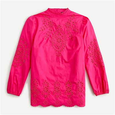 Mockneck cotton poplin top with embroidered eyelet