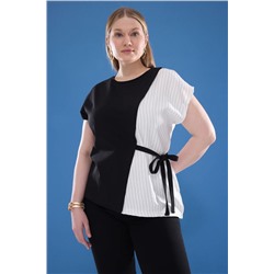 Trendyol Curve Siyah Bağlamalı Çizgili Kumaş Detaylı Örme Büyük Beden Bluz TBBSS25AF00086